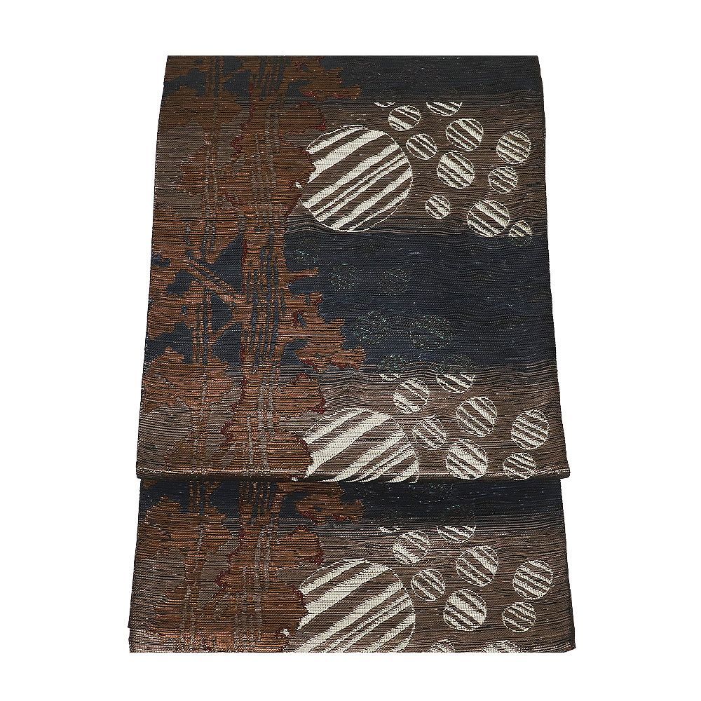 袋帯 正絹 織人七人衆 紺 グレー 茶色 オーク色 すくい織 水玉 樹木 Lサイズ F 8486 ♥品 レディース ギフト セミフォーマル み