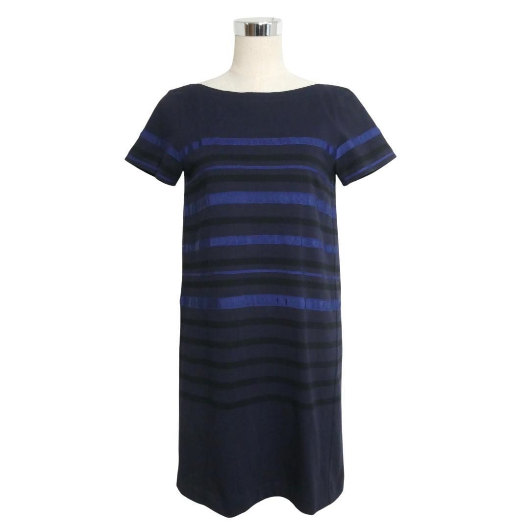 sacai luck サカイラック サイズ2 ボーダー柄 コットン キュプラ バックリボン 異素材切り替え ボートネック 半袖 膝丈 ワンピース ブラック ネイビー レディース