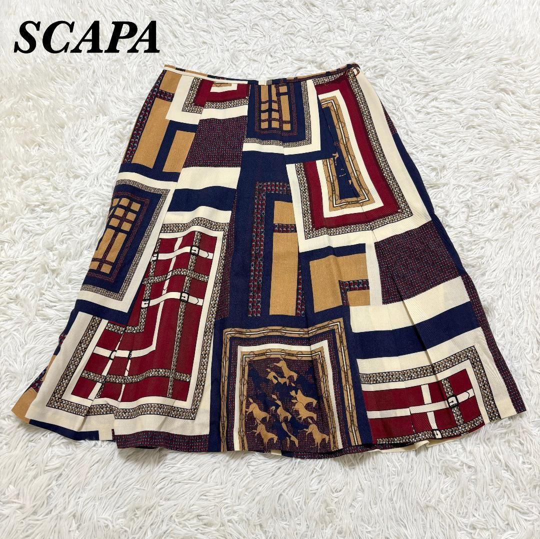 SCAPA ラッティハーネスプリントスカート ひざ丈 40 ネイビー