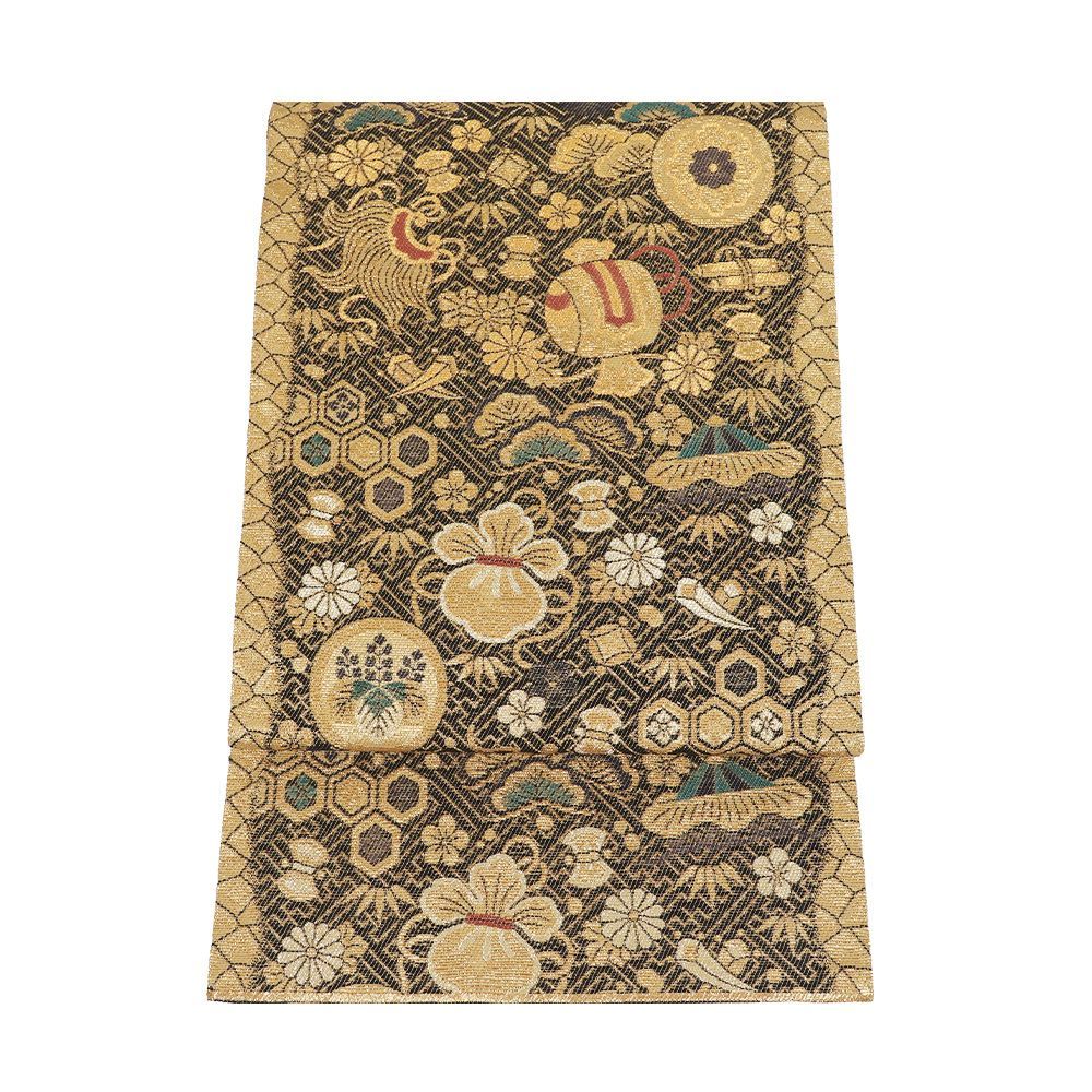 袋帯 正絹 金 黒 金山寺織 宝尽くし 松竹梅 格子縞 Lサイズ F 8488 ♥品 レディース シルク ギフト フォーマル 礼装用 み