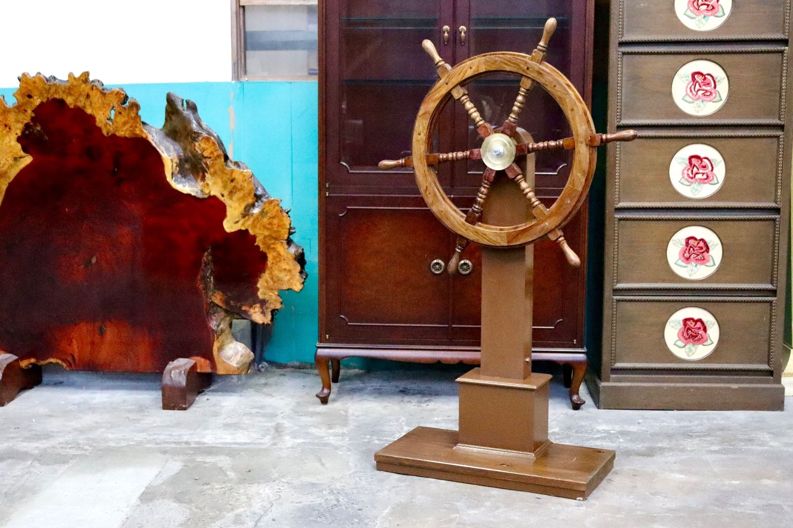 GMIK717○舵輪 マリン ダリン ラット ハンドル 木製 船舵 操舵輪 船舶 車輪 インテリア アンティーク レトロ オブジェ