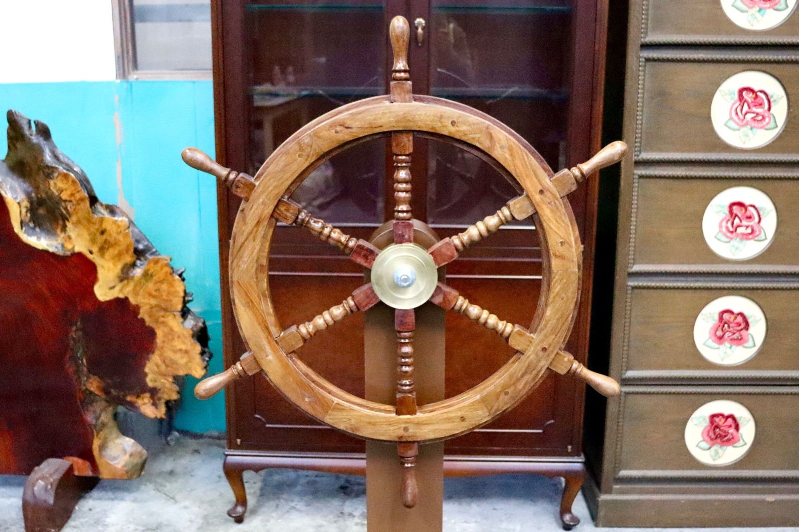  GMIK717○舵輪 マリン ダリン ラット ハンドル 木製 船舵 操舵輪 船舶 車輪 インテリア アンティーク レトロ オブジェ 置物 インテリア小物