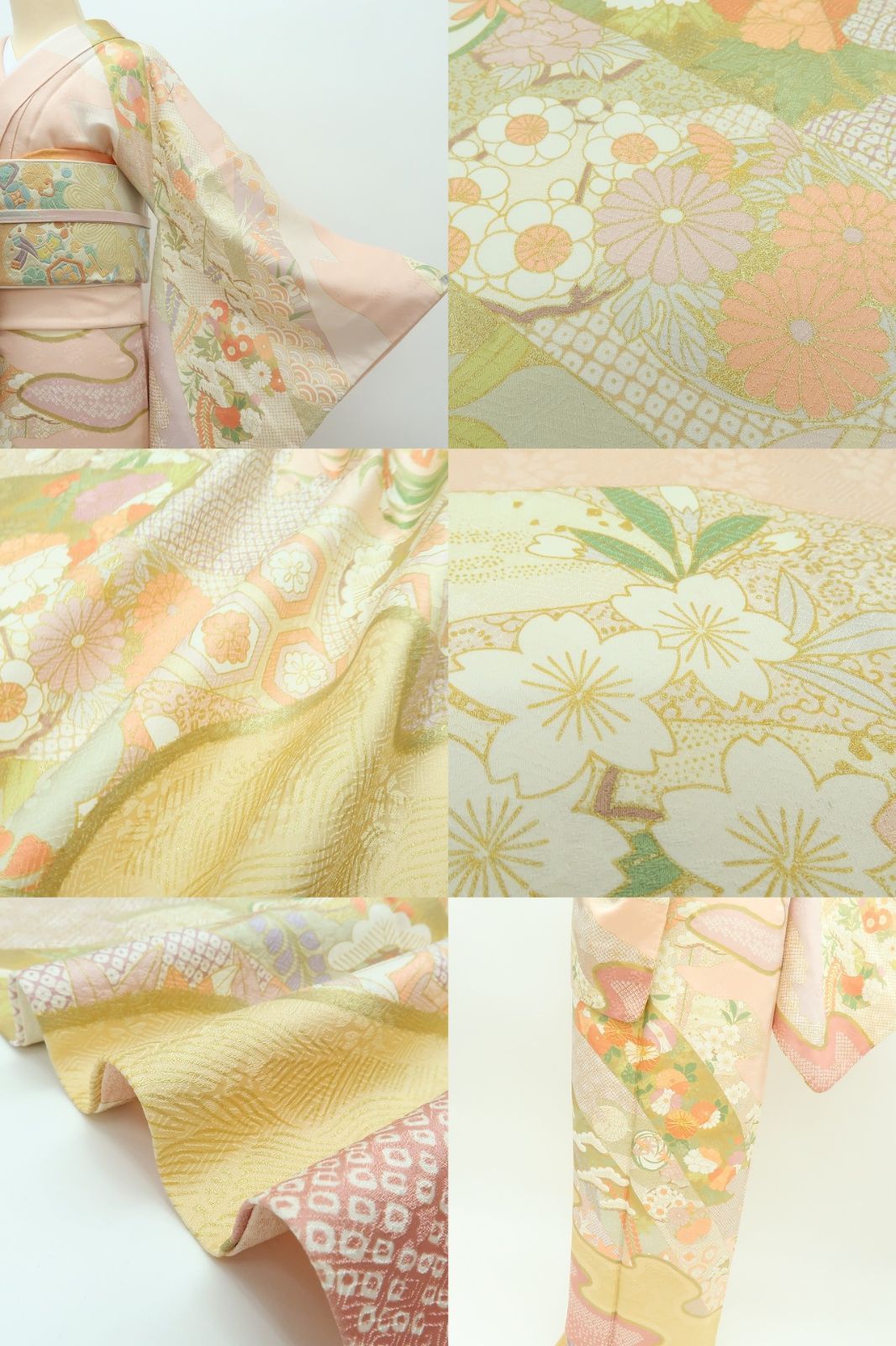 百華❀Y4324◇金駒刺繍 手縫い仕立て トールサイズ 菊 桜 松竹梅 正絹