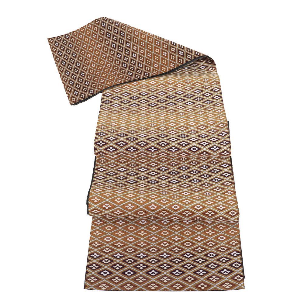 西陣織袋帯 正絹 名物裂 黄櫨染 赤紫 橙色 暈し名物裂 菱文織 Lサイズ