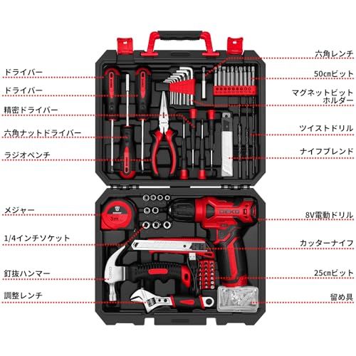 迅速に発送 8 V電動ドリル付き 工具セット 126点組 ピンク ホームツールセット 家庭用 ツールセット 日曜大工 DIYセット 作業工具セット 家具の組み立て 住まいのメンテナンス用 修理道具セット 便利な収納ケース付き 赤 45 fcd 99 b