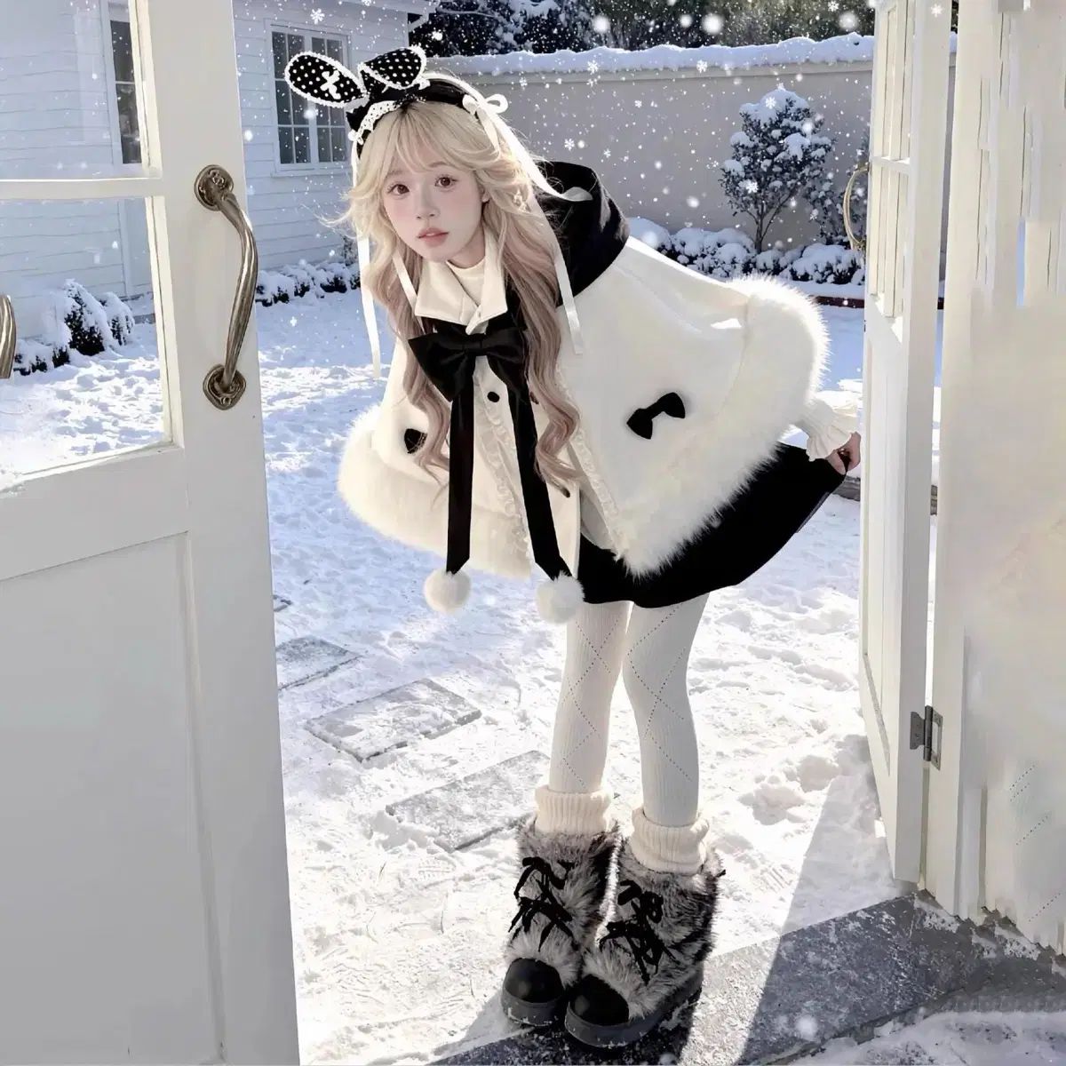地雷系 ファンダー 耳 帽子 フード ケープ ブラック ホワイト リボン スカート セット