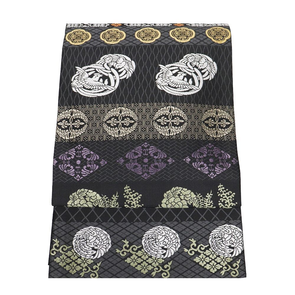 京袋帯 正絹 黒 グレー 唐織 花喰鳥 向い鳳凰 菱文 七宝文 立涌文 菊 藤 笹竜胆 全通 F 8497 レディース フォーマル