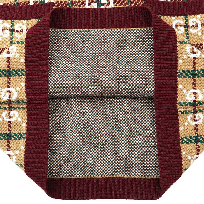  ♥ GUCCI グッチ ニットワンピース GGスプリーム ジャガード ショルダーゴールドボタン ウィンドウペン ウール100％ ミドルゲージ クルーネック ショートスリーブ 丸首 半袖 ドレス タグ付属 レディース M キャメル バーガンディ イタリア製 その他 その他