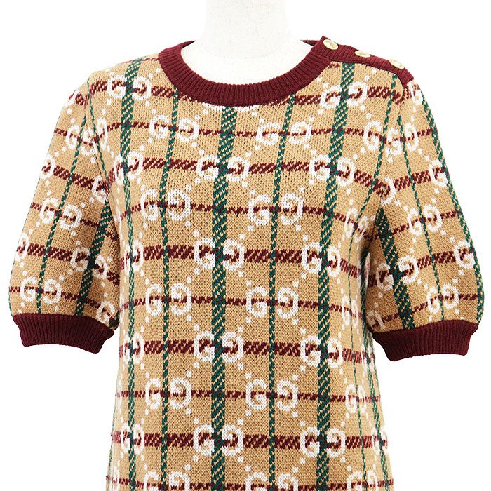 ♥ GUCCI グッチ ニットワンピース GGスプリーム ジャガード ショルダーゴールドボタン ウィンドウペン ウール100％ ミドルゲージ クルーネック ショートスリーブ 丸首 半袖 ドレス タグ付属 レディース M キャメル バーガンディ イタリア製