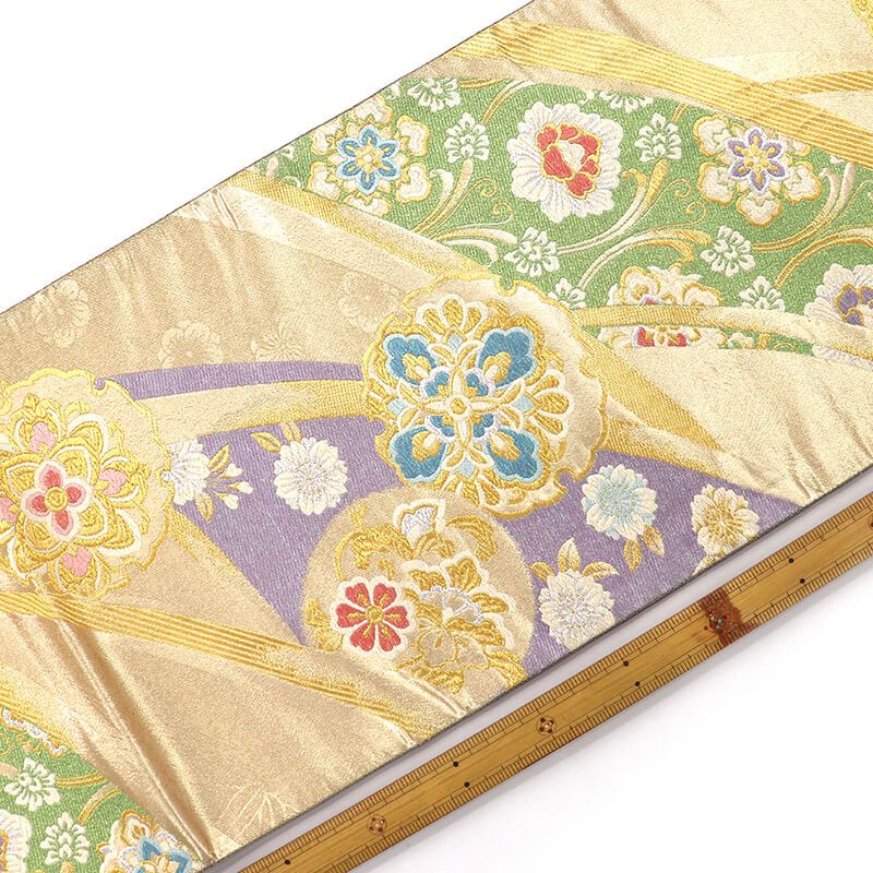 振袖用 袋帯 長尺 正絹 フォーマル 六通柄 金 ベージュ 雪輪 華文 柔らかな色合い 長さ457 cm 幅31 振袖帯 結婚式 正装 和装 変わり結び 成人式 練習