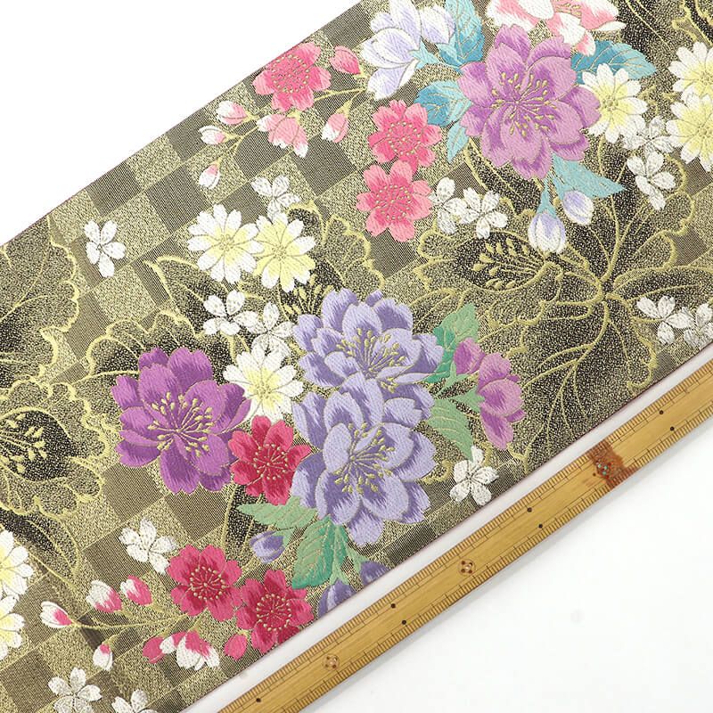 振袖用 袋帯 長尺 正絹 フォーマル 六通柄 金 黒 花柄 市松 豪華 長さ446 cm 幅31 振袖帯 結婚式 正装 和装 変わり結び 成人式 練習