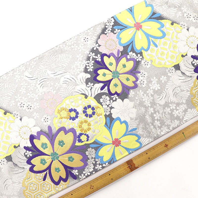 振袖用 袋帯 長尺 正絹 フォーマル 六通柄 銀 雪輪 花柄 清涼感 長さ448 cm 幅31 振袖帯 結婚式 正装 和装 変わり結び 成人式 練習