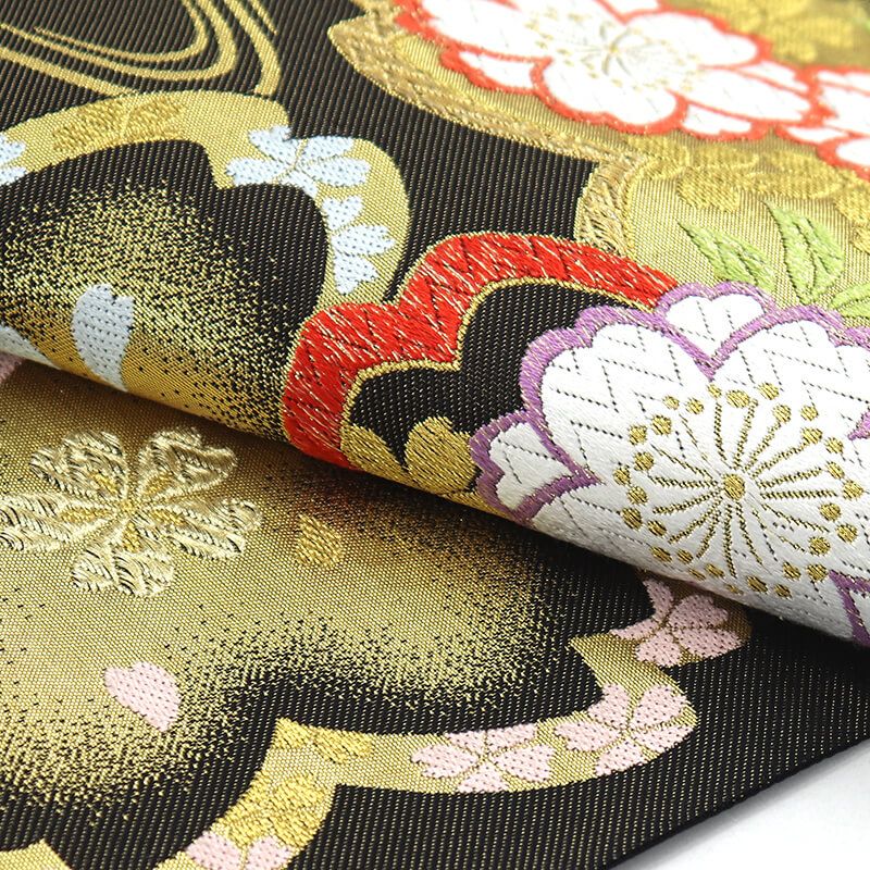 振袖用 袋帯 長尺 正絹 フォーマル 六通柄 黒 金 流水 桜 鹿の子 長さ442 cm 幅31 振袖帯 結婚式 正装 和装 変わり結び 成人式 練習 人気商品 カジュアル