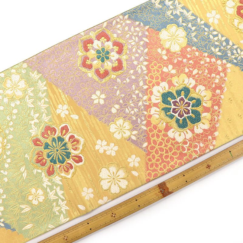 振袖用 袋帯 長尺 正絹 フォーマル 六通柄 金 ベージュ 華文 小花 長さ454 cm 幅31 振袖帯 結婚式 正装 和装 変わり結び 成人式 練習