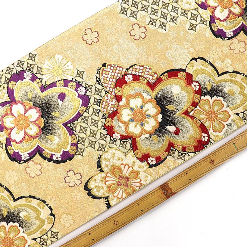 振袖用 袋帯 長尺 正絹 フォーマル 六通柄 金 桜 七宝 豪華 長さ441 cm 幅31 振袖帯 結婚式 正装 和装 変わり結び 成人式 練習