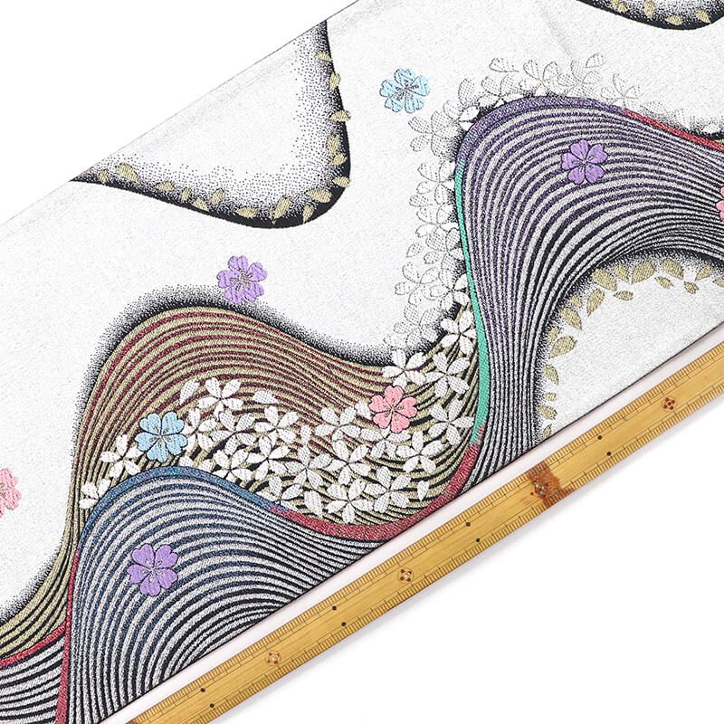 振袖用 袋帯 長尺 正絹 フォーマル 六通柄 銀 流水 小花 シック 長さ446 cm 幅31 振袖帯 結婚式 正装 和装 変わり結び 成人式 練習