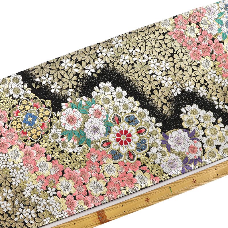 振袖用 袋帯 長尺 正絹 フォーマル 六通柄 黒 桜 小花 華文 豪華 長さ448 cm 幅31 振袖帯 結婚式 正装 和装 変わり結び 成人式 練習