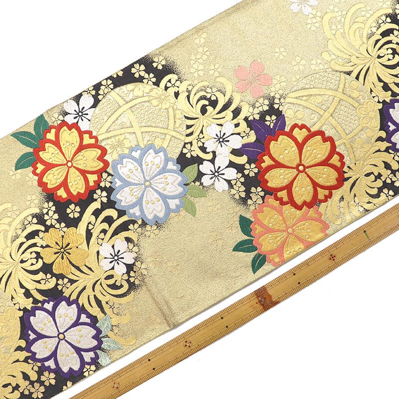 振袖用 袋帯 長尺 正絹 フォーマル 六通柄 金 鞠 菊 桜 かわいい 長さ442 cm 幅31 振袖帯 結婚式 正装 和装 変わり結び 成人式 練習