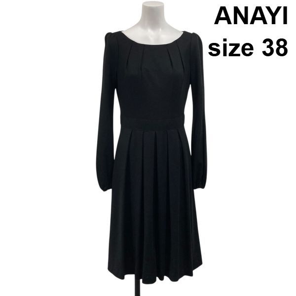 アナイ ANAYI プリーツ ワンピース ニットワンピース 長袖 フォーマル 冠婚葬祭 日本製 黒 ウール 38 M ９号 レディース S 6 A 032