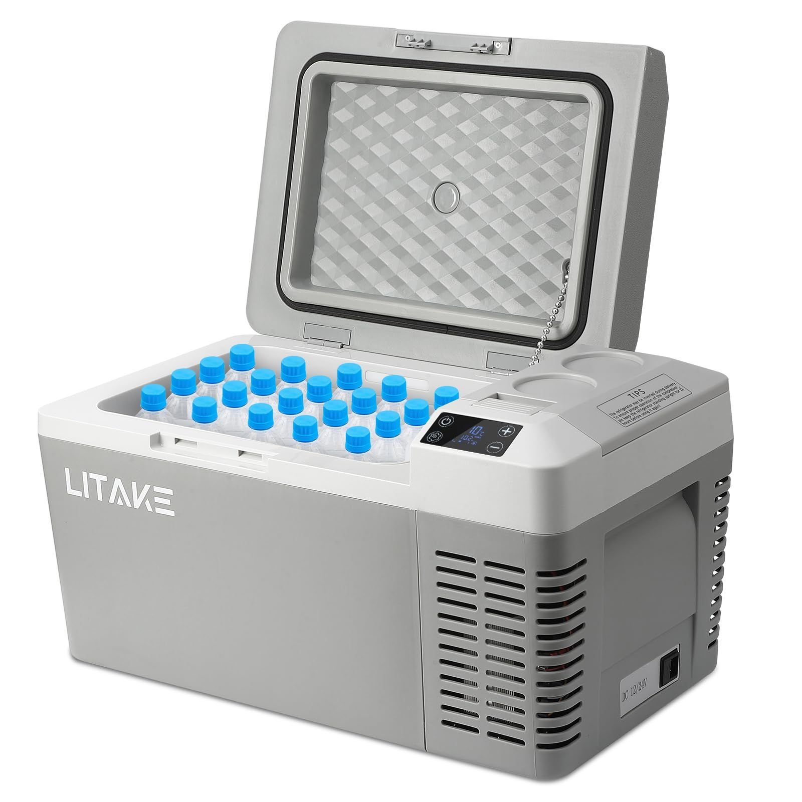Litake 20 L ポータブル車載冷蔵庫 バッテリー内蔵 DC 12 V 24 AC 100 22℃ 10℃ 急速冷凍 4電源タイプ対応 低電圧保護 小型静音 車と家庭に適用 車内灯付き 車中泊やアウトドアにも最適 LZ グレー