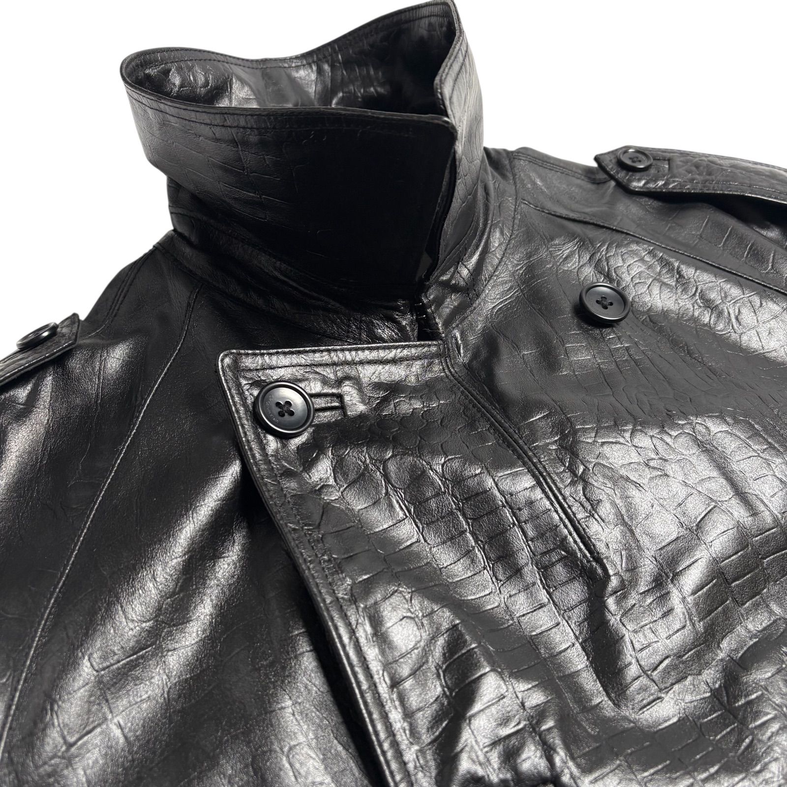 牛革】Calvin Klein レザージャケット 黒 L クロコ型押し トレンチ 
