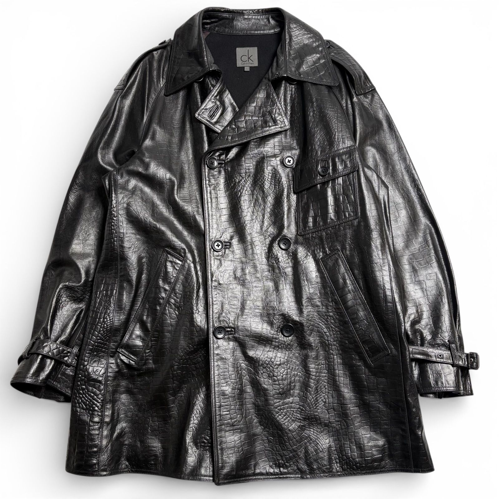 牛革 Calvin Klein レザージャケット 黒 L クロコ型押し トレンチコート
