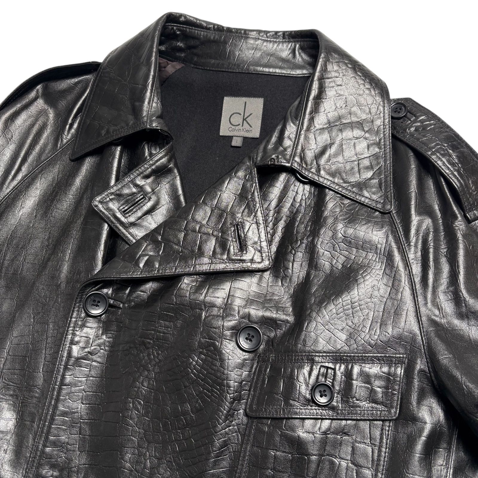 牛革】Calvin Klein レザージャケット 黒 L クロコ型押し トレンチ 