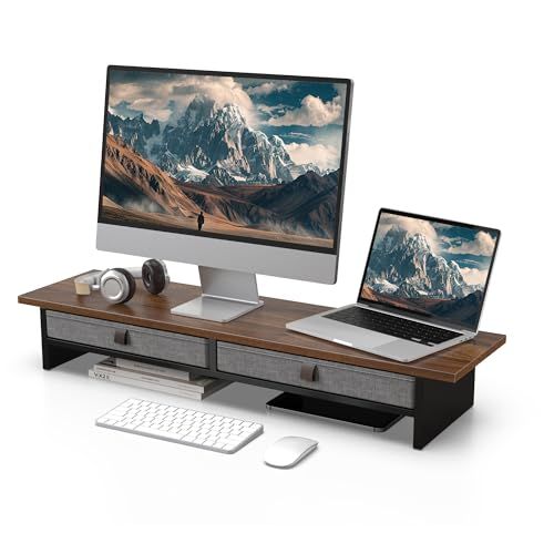 Fenge モニター台 卓上 パソコン台 デスクシェルフ モニタースタンド 2段 木製 幅90 cm 引き出し付き モニター 台 pc台 机上台 机上ラック デスク周り収納 卓上台 ディスプレイ モニター置き台 モニターラック ブラウン m