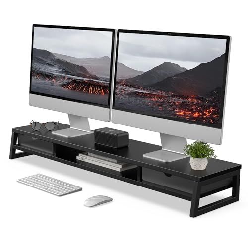 Fenge モニター台 卓上 デスクシェルフ モニタースタンド パソコン台 引き出し付き2段 木製 幅108 cm pc台 机上台 デュアルモニター 台 机上ラック 卓上台 デスク周り収納 ディスプレイ ホワイト ブラック m
