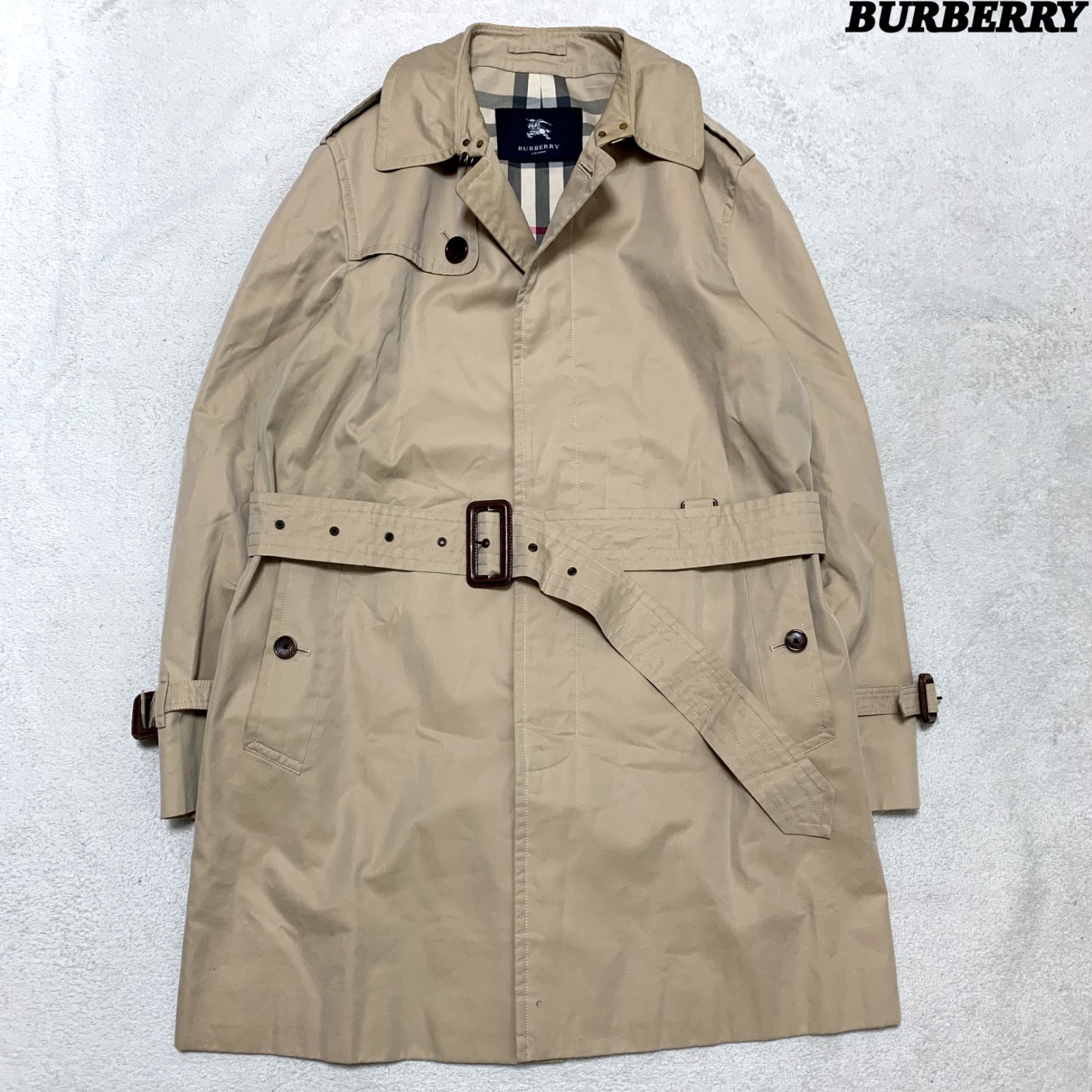 BURBERRY LONDON バルマカーンコート ステンカラーコート トレンチコート ベルト付 チンストラップ ノバチェック 三陽商会 LLサイズ ベージュ バーバリーロンドン