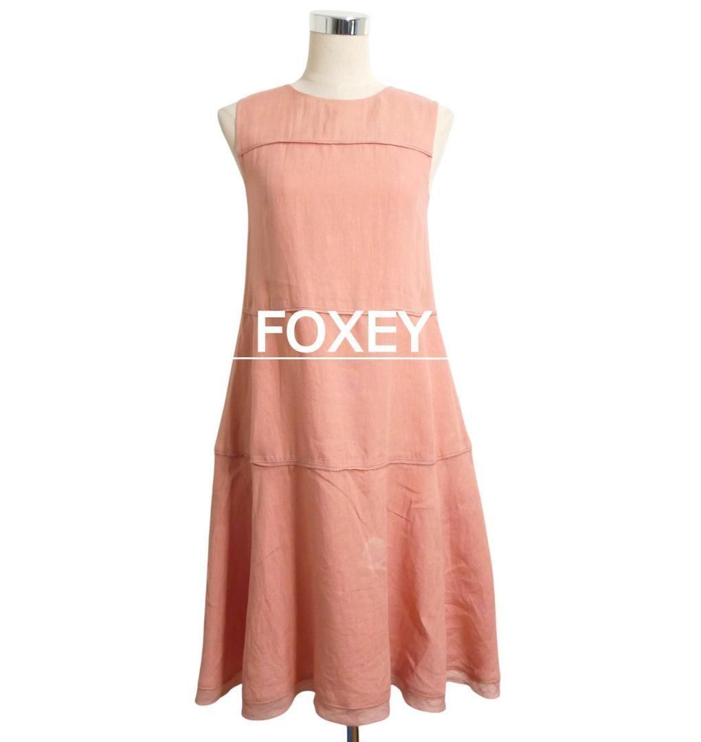 FOXEY フォクシー サイズ38 Waltz ワルツ 麻 リネン100％ 膝丈 クルーネック ノースリーブ フ ワンピース ドレス 41958 ピンク レディース