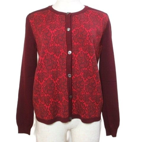 マックスマーラ ウィークエンドライン MAX MARA WEEKEND LINE ニットカーディガン ジャガード 長袖 花柄 ウール混 クルーネック M レッド ボルドー |X