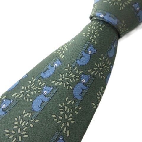 エルメス HERMES ネクタイ 7282 MA シルク100 コアラ柄 グリーン 緑