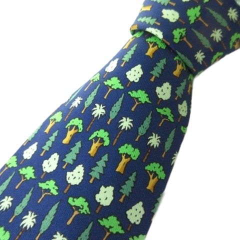 エルメス HERMES ネクタイ 7742 OA シルク ツリー柄 ネイビー 紺 グリーン 緑