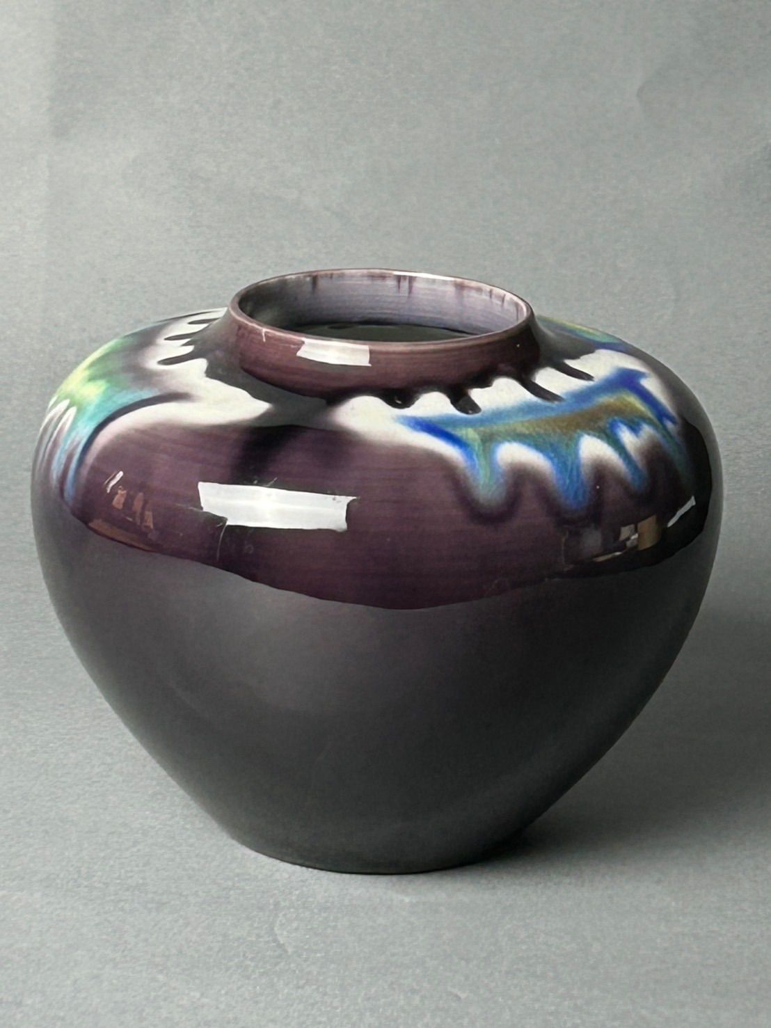 幽玄 人間国宝 三代徳田八十吉 正彦 九谷焼 彩釉壺 共箱 花期 花瓶 扁壺 唐物 骨董