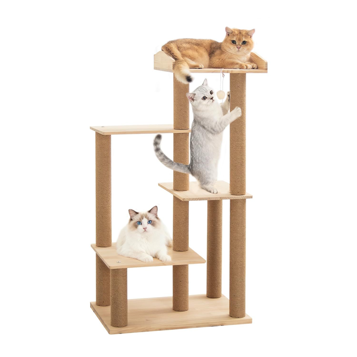 キャットタワー 据え置き 木製 スリム おしゃれ 多頭飼い 大型猫 パイン材 無垢材 木登り 天然木 キャットツリー コンパクト高さ112 cm 重厚感 面取り加工 省スペース コーナー インテリア性 シニア猫 成猫 子猫 猫タワー キャットウォーク 中型