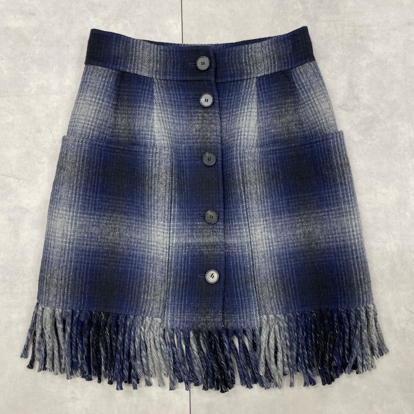 Christian Dior クリスチャンディオール 2020 スカート フリンジ オンブレーチェック ウール ネイビー ブルー イタリア製 レディース 34