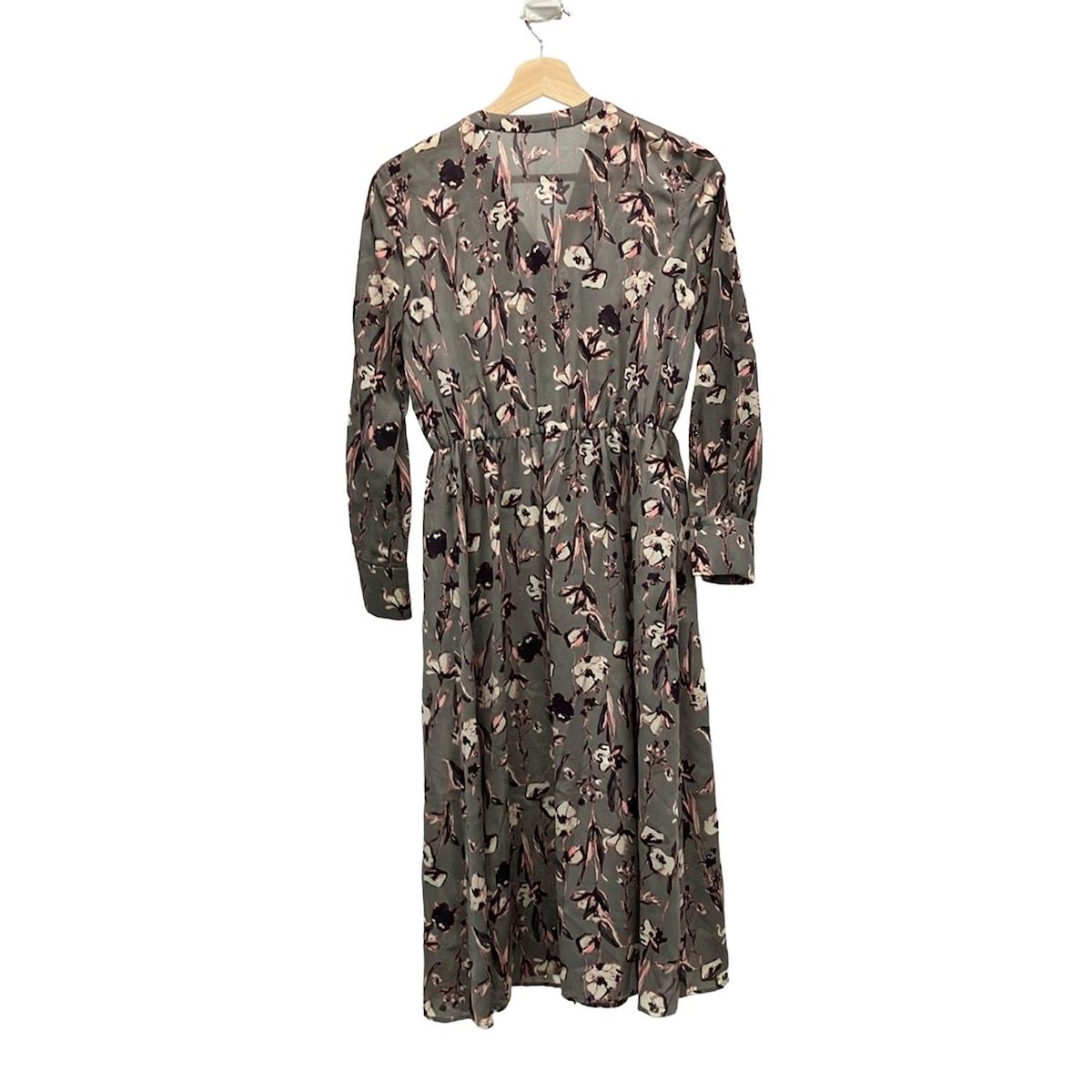 ANAYI アナイ ワンピース サイズ36 S レディース ダークグレー ベージュ マルチ Vネック 長袖 ロング 花柄 シャツワンピ