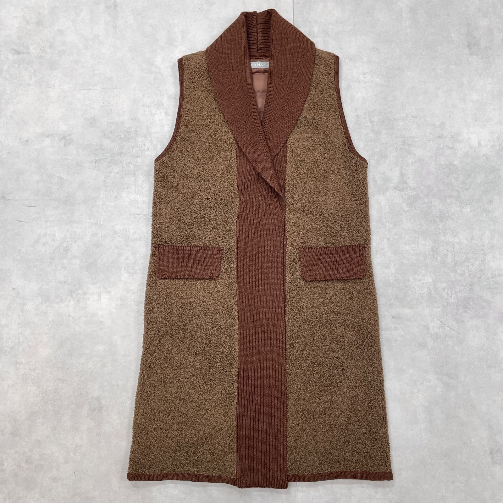DAMA collection ダーマコレクション ダウン切替 ロングベスト ノースリーブコート ボア ウール レーヨン ブラウン レディース 9号