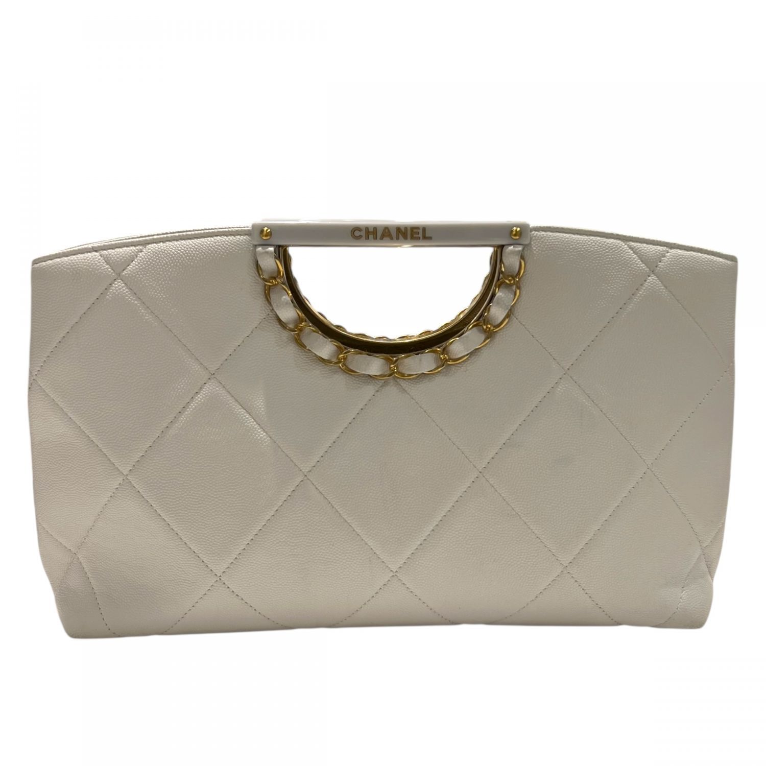 CHANEL シャネル マトラッセ クラッチバッグ ハンドバッグ 29番台 キャビアスキン ホワイト×ゴールド金具 レディース SA