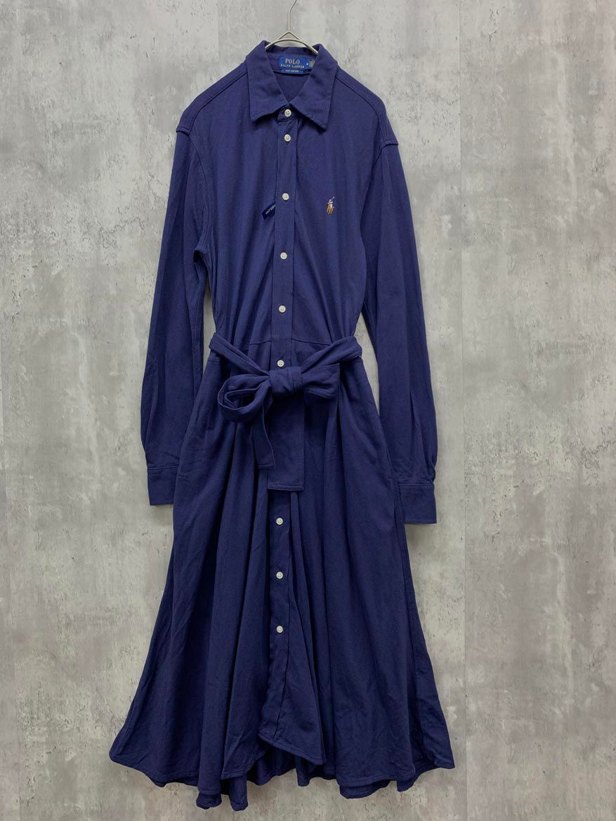 POLO RALPH LAUREN ポロ ラルフローレン RN 41381 CA 56658 ポロシャツ ロング 刺繍 シャツ ワンピース sizeM ネイビー ◎レディース
