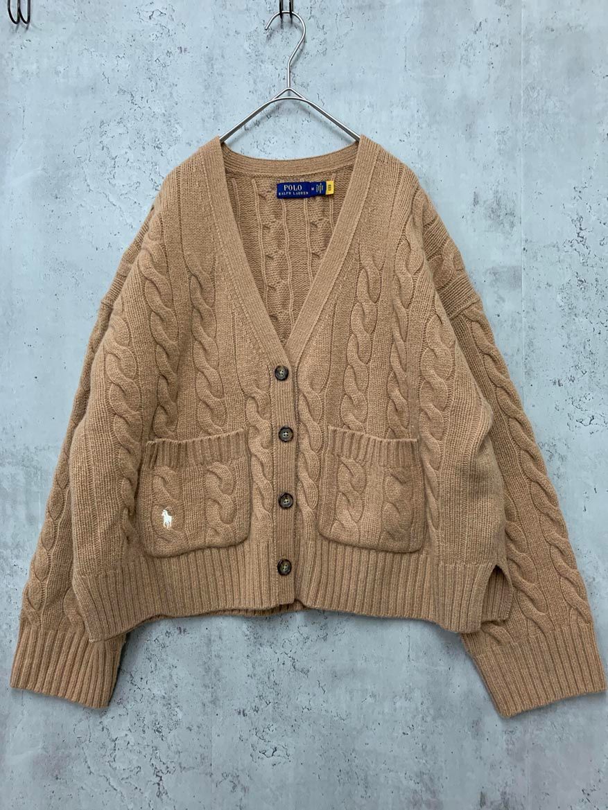 POLO RALPH LAUREN ポロ ラルフローレン ケーブル編み ロゴ刺 カシミヤ混 Vネック カーディガン sizeM 165 92 A ベージュ ◎レディース