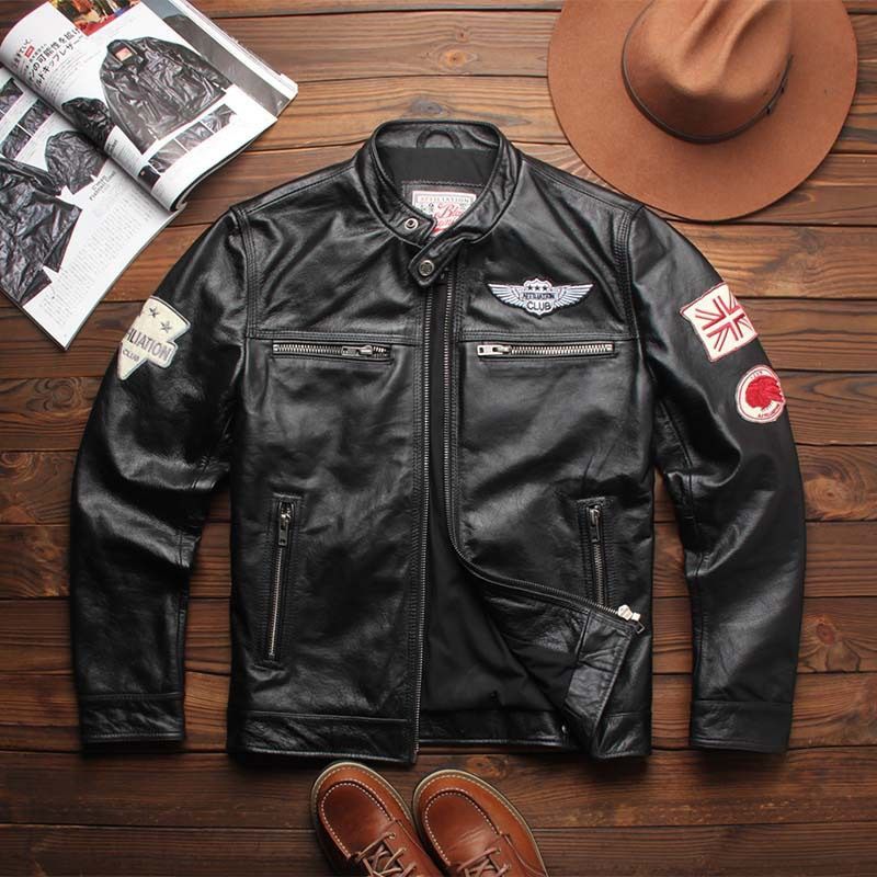 ♥ h アメリカンヴィンテージ 春秋 ヨーロピアン＆アメリカンスタイル 刺繍ワッペン付き トップグレインカウレザー 本革 スリムフィット 立ち襟 ライダースジャケット メンズ レザージャケット