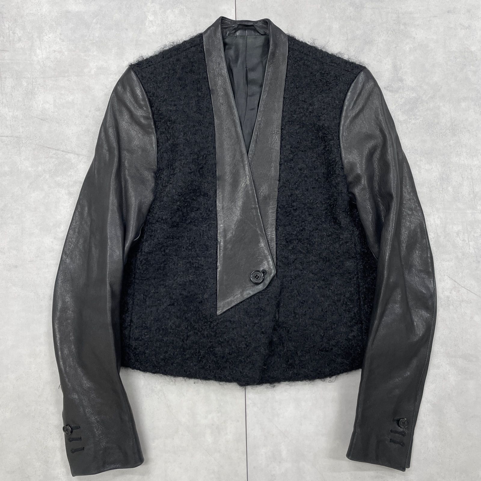 Neil Barrett ニールバレット レザージャケット ノーカラー 切替 ラムレザー モヘヤ ウール ブラック イタリア製 レディース 38