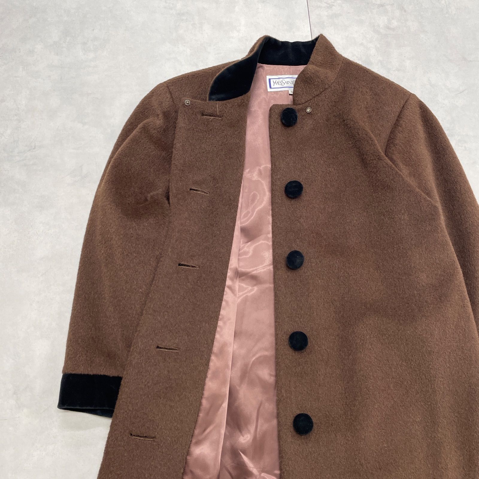 YVES SAINT LAURENT イヴサンローラン ロングコート ベロア切替 ウール 