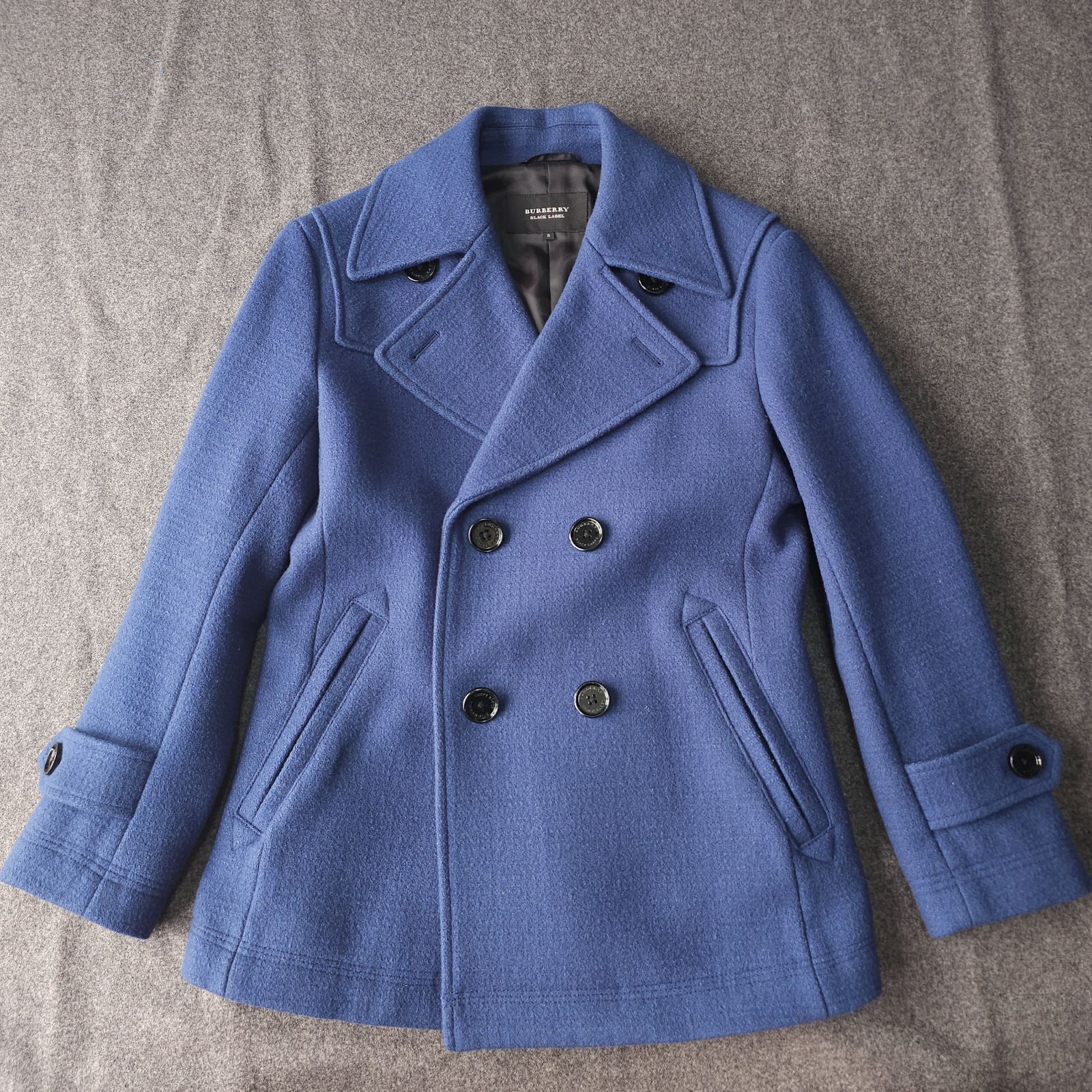 人気美品✨バーバリーブラックレーベル ピーコート ラムウール ブルー L BURBERRY BLACK LABEL バーバリーブラックレーベル 秋冬 羊毛 ウール P
