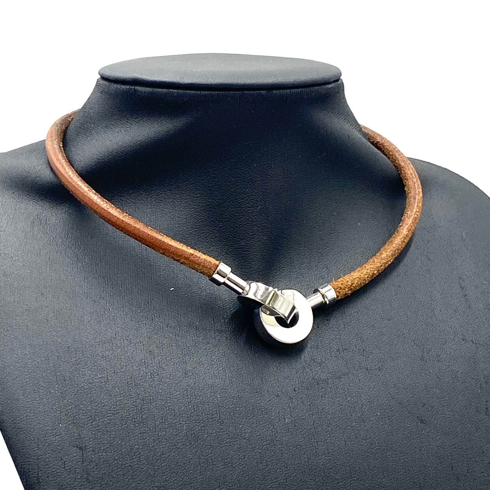 HERMES エルメス ランスロット チョーカー ネックレス ブレスレット バングル レザー ブラウン シルバー系