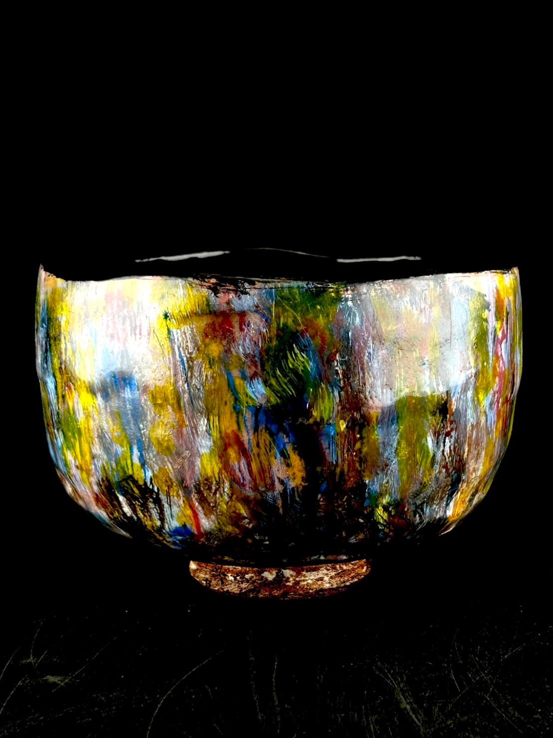 幽玄 琉球焼 壺屋焼 小橋川仁王 釉垂茶碗 茶道具 抹茶碗 煎茶碗 唐物 骨董 二重箱