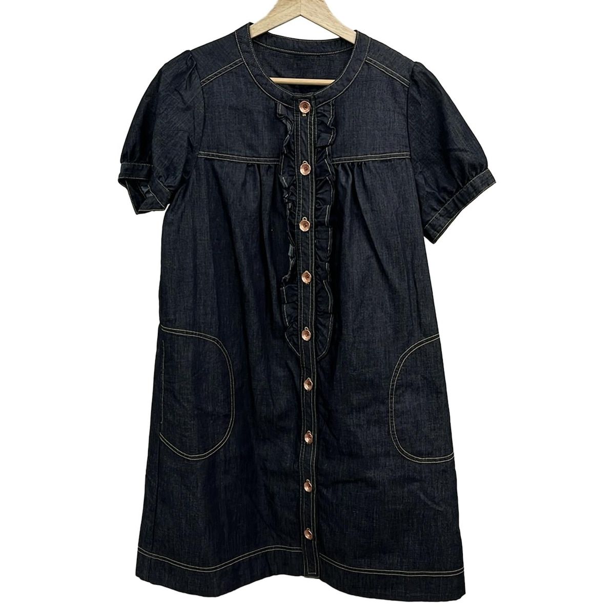フランシュリッペ ワンピース サイズM レディース ダークネイビー クルーネック 半袖 ひざ丈 デニム フリル シャツワンピ