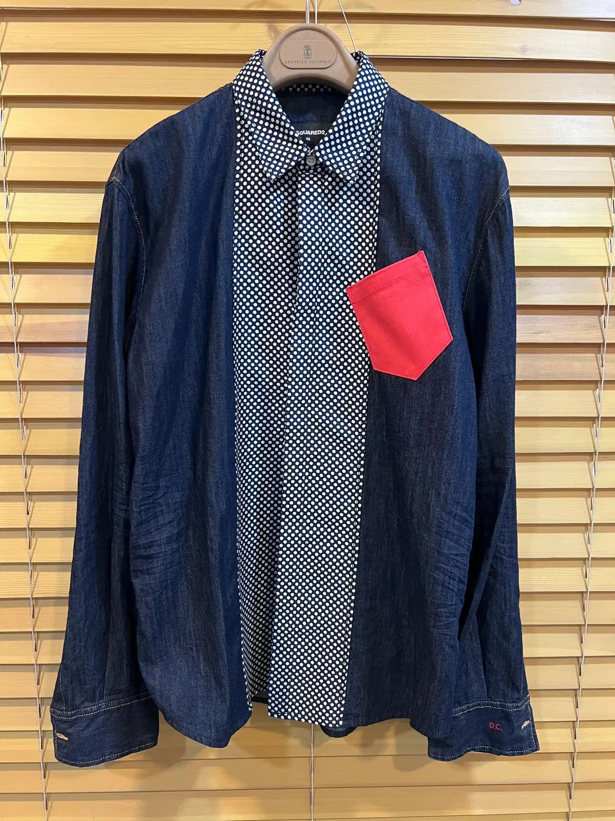 ディースクエアード2 メンズ インディゴデニム ドットバイカラー 長袖シャツ デニムシャツ 48